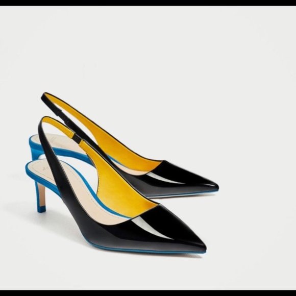 Zara Contrast Patent Suede Pointy Toe Slingbacks - Picture 2 of 11